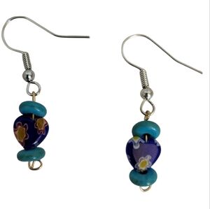 Natural Blue Turquoise Heishi & Millefiori Glass Heart Earrings
